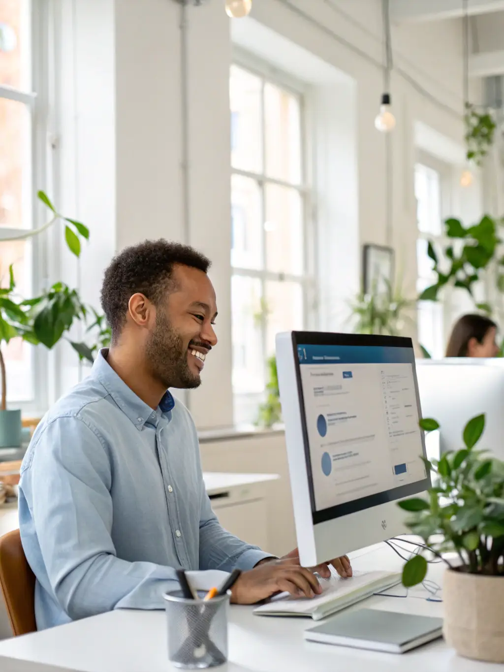 An image of a happy employee receiving healthcare benefits, with pharmacy icons in the background, used to represent A&M Pharmaceuticals' employee Rx benefit plans.
