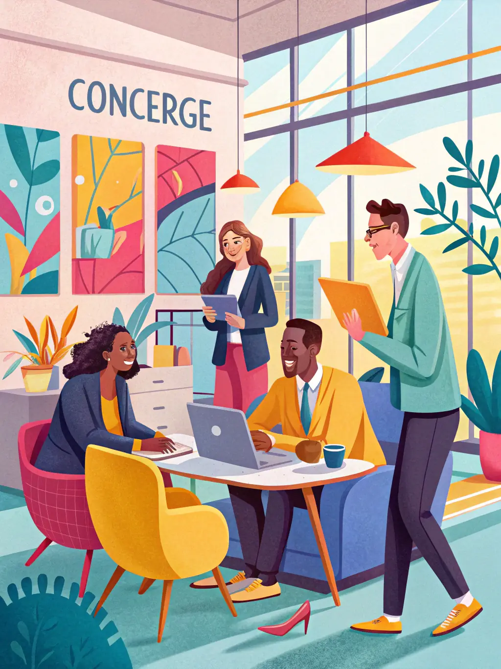 A diverse group of employees in a corporate setting, with a subtle overlay graphic representing prescription benefits and healthcare access.