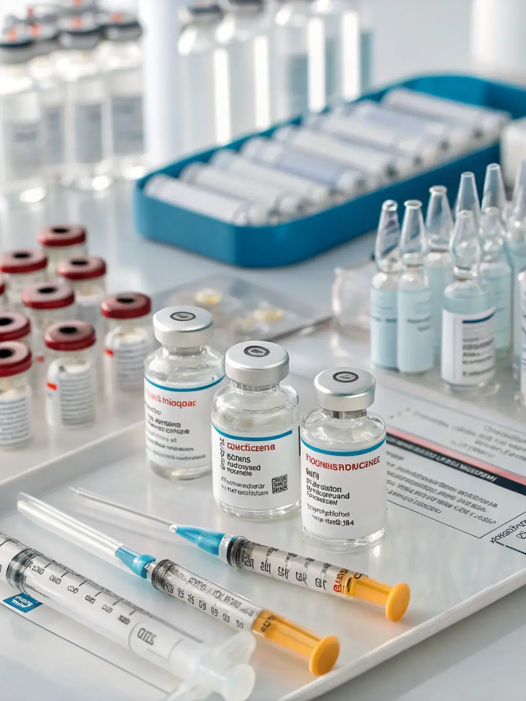 An image of pharmaceutical vials and packaging with a focus on quality control and sourcing processes, used to represent A&M Pharmaceuticals' pharmaceutical sourcing services.