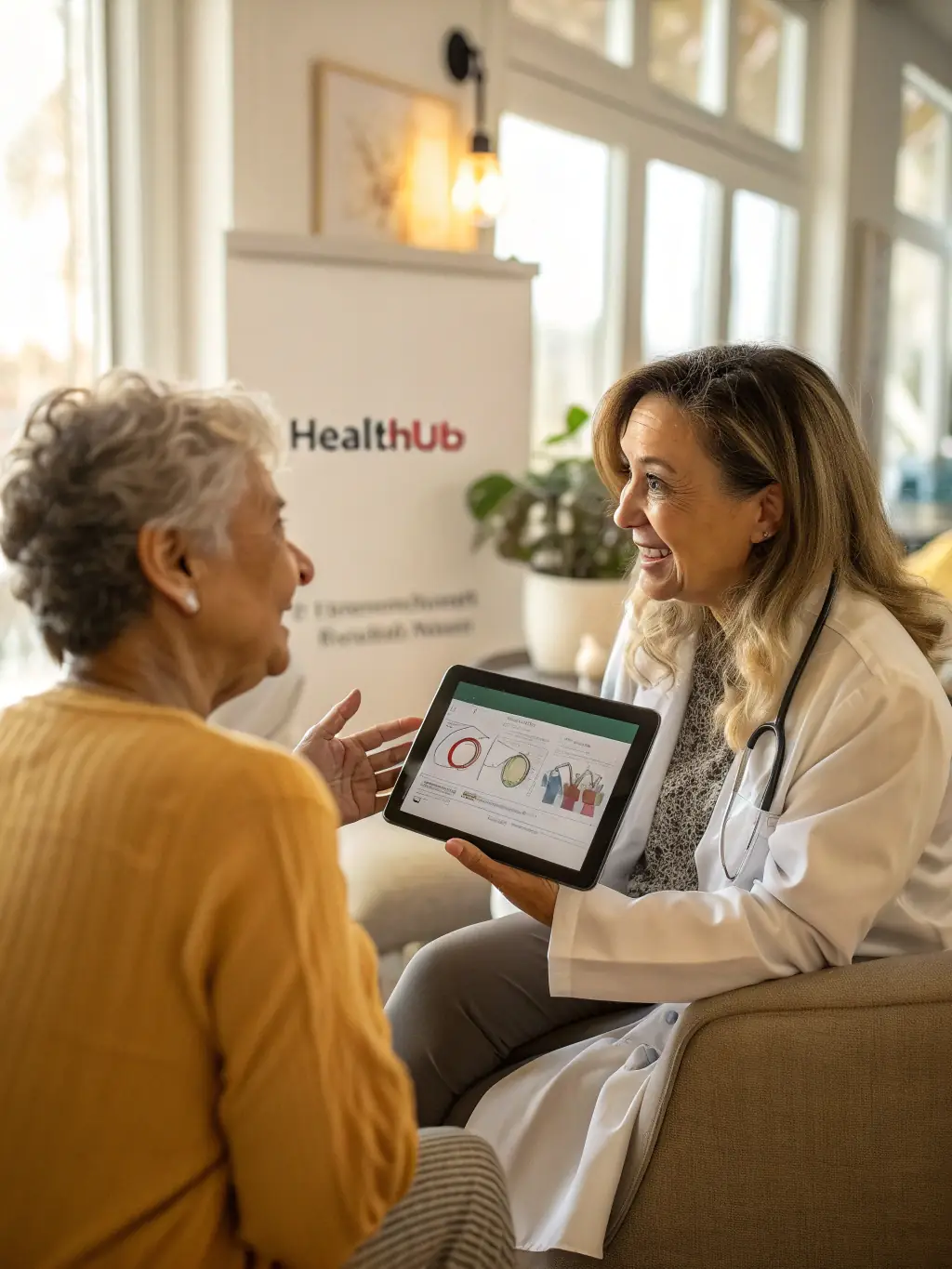 A modern, user-friendly interface of a telehealth platform on a tablet, showcasing a virtual consultation between a doctor and a patient.