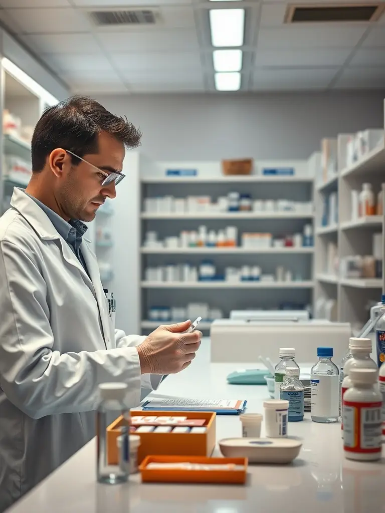 A professional photograph of a pharmacist carefully selecting and preparing a customized medication order in a clean and organized compounding pharmacy.